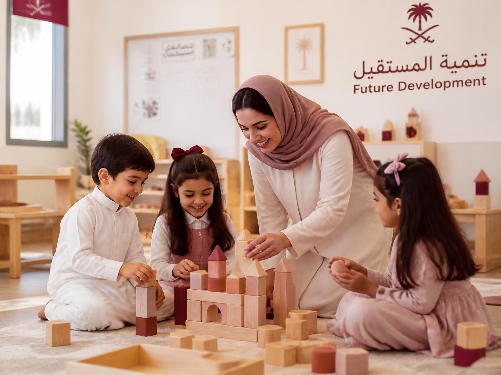 معلمة تشارك الأطفال بناء مجسم من المكعبات